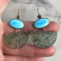 Golden Hills Turquoise and Actinolite in Quartz Earrings